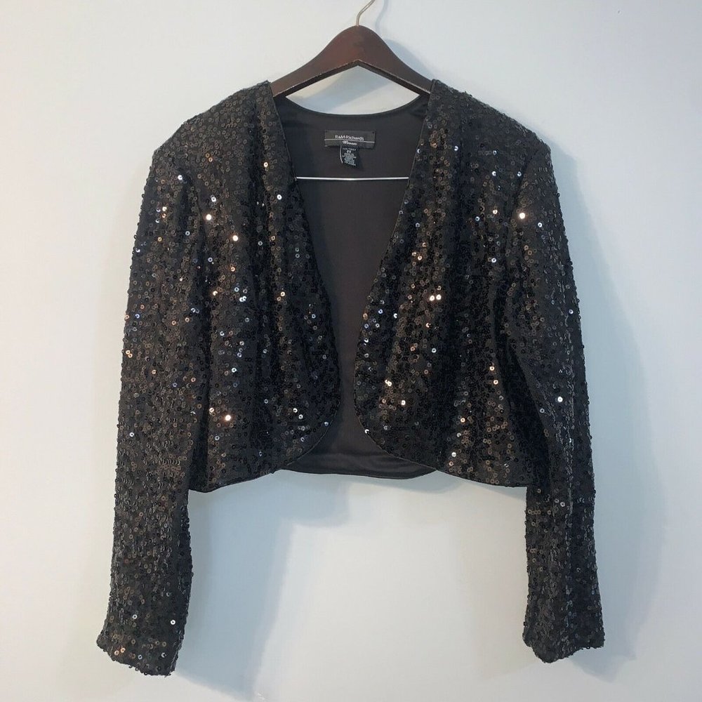 R&M RICHARDS Black Sequined Lace Evening Jacket Padded Shoulder Size 2X